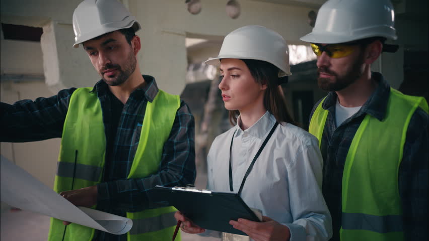 Caucasian team colleagues builders talking building cooperation in construction woman men controllers technician engineers foremen holding walkie talkie blueprint site architecture construct project