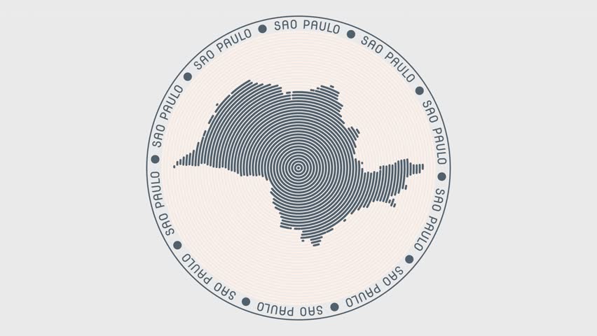 Sao Paulo shape with dynamic circles visual effect. Animation of Sao Paulo logo appearing from rotating rings and State name around the shape. Intro, opening, closing, logo video.