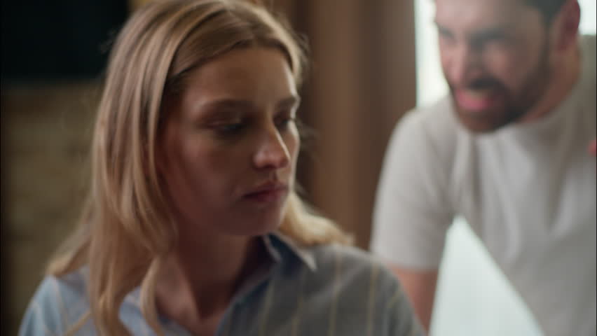 Family stressed Caucasian couple arguing divorce in bedroom morning partners relationship problem mad furious man screaming husband yell conflict frustrated sad woman talk wife quarrel breakup trouble