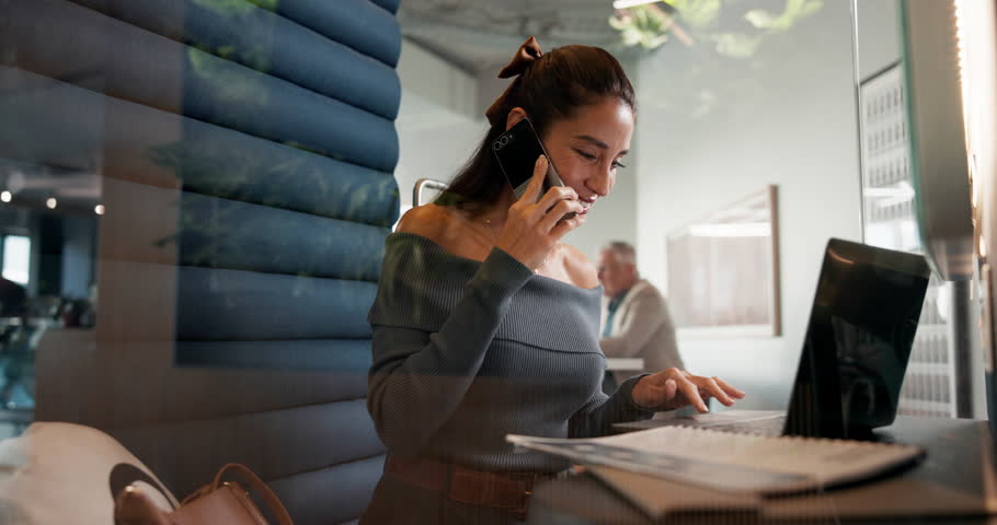 Business, phone call and woman in coffee shop, laptop and communication with supply chain, app or inventory. Mature person, cafe and entrepreneur with cellphone, tech and conversation with internet