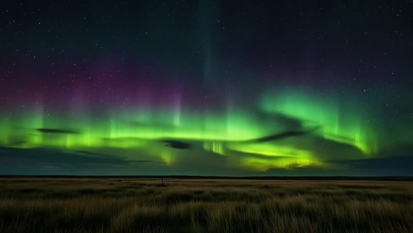 The aurora appears to move dynamically, forming ribbons of light that wave and curve, as if dancing in the air above the flat, sleeping landscape.