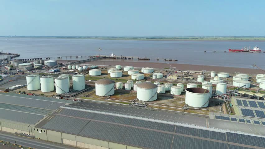 Drone Shot of Petrochemical Silo Farm and Refinery Piping Network at Immingham Dockyard