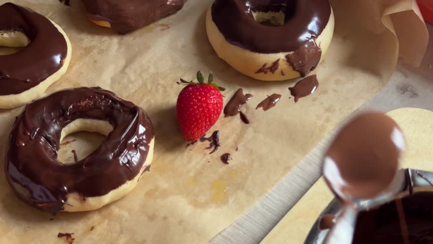 Close-up of a chocolate-covered strawberry being decorated on parchment paper, surrounded by donuts dipped in glossy melted chocolate. A spoon adds detail to the sweet treats in a cozy kitchen scene.