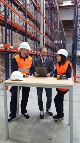 Professional warehouse team analyzing logistics operations, collaborating on supply chain management and operational efficiency in modern storage facility