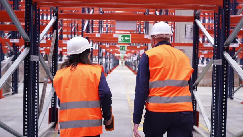 Warehouse logistics team in safety gear rapidly moving through storage aisles during emergency evacuation drill, demonstrating workplace safety protocol and team cooperation