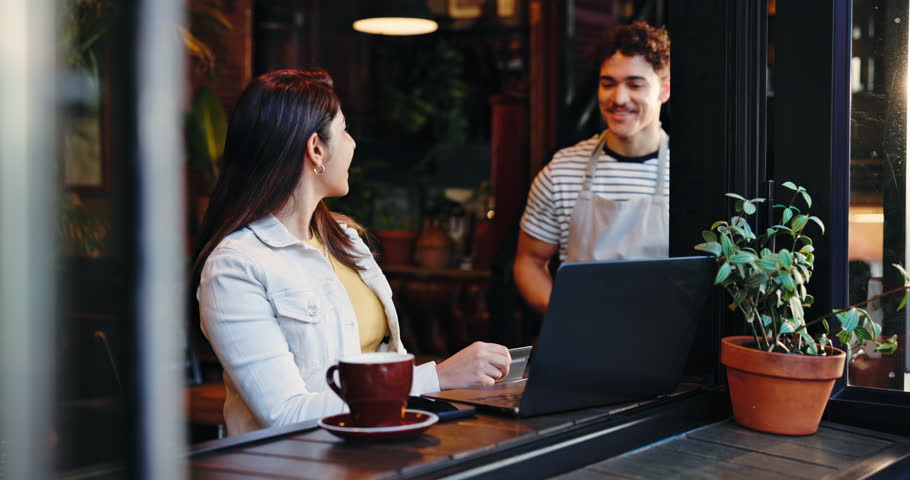 Woman, customer and waiter with POS machine or credit card in cafe for transaction or purchase. Female person, man and service with debit, laptop or easy pay for NFC, payment or bill in coffee shop