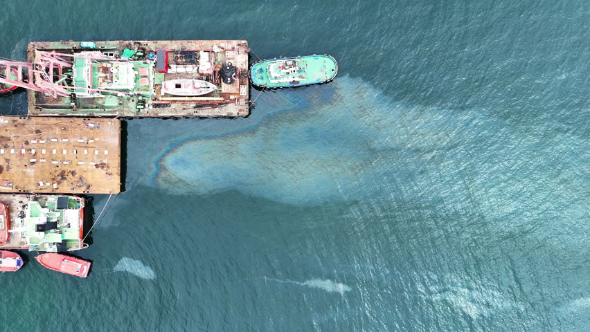 Oil leak from Ship , Oil spill pollution polluted water surface. water pollution as a result of human activities. industrial chemical contamination,