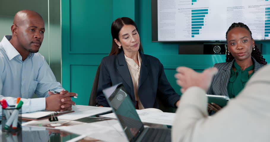 Business people, documents and meeting with laptop or tablet for corporate analysis or finance. Group, employees or financial analyst with paperwork, company report or team review for budget strategy