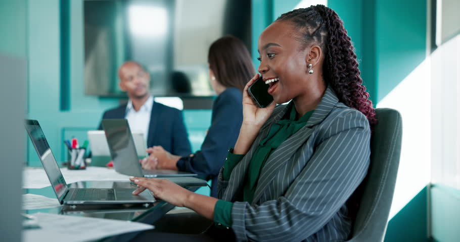 Business, laptop or woman with phone call in meeting for asset management, advice or assistance. Financial advisor, screen or talking to client in office for investment, finance negotiation or graphs