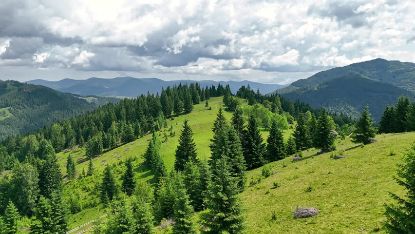 Sunny Mountain Landscape With Dense Forest, Aerial View of Green Hills and Dramatic Clouds Over Carpathian Ranges
