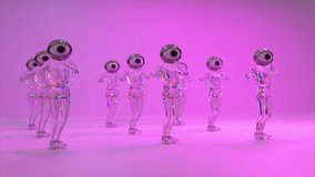 Transparent humanoid figures with eyeball heads performing synchronized dance on vibrant gradient, embodying surreal artistic expression through mesmerizing choreography. 3D Illustration - Powered by Shutterstock - Get 15% off with code: PIKWIZARD15
