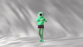 Green humanoid character dancing energetically, featuring oversized eye-shaped head, casting diagonal shadows across pristine white background, creating surreal and playful visual. 3D Illustration - Powered by Shutterstock - Get 15% off with code: PIKWIZARD15