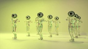 Glass humanoid figures with eyeball heads dancing synchronously under shifting colored illumination, creating surreal fantasy visual with iridescent transparent forms against white. 3D Illustration - Powered by Shutterstock - Get 15% off with code: PIKWIZARD15