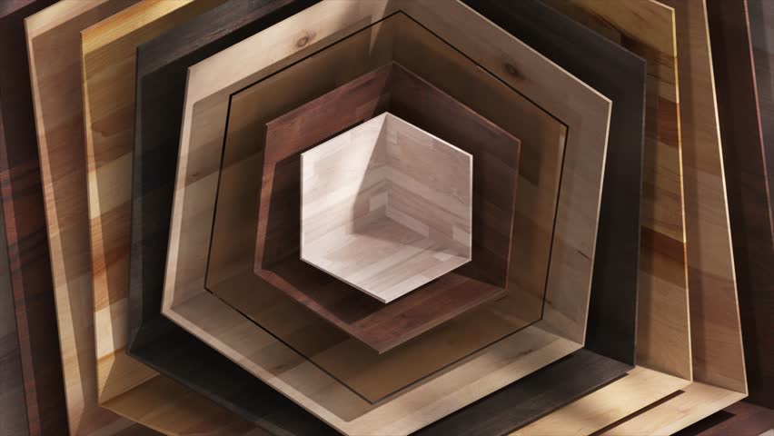 Wood hexagons rotating in hypnotic pattern, creating concentric design with natural textures and warm wooden shades forming seamless visual effect. 3D Illustration