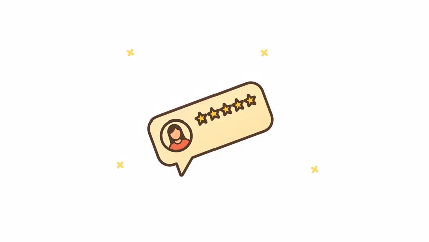 Pixelated Speech Bubble with Five Stars Review and User Portrait on White Background with Golden Sparkles Minimalist Style