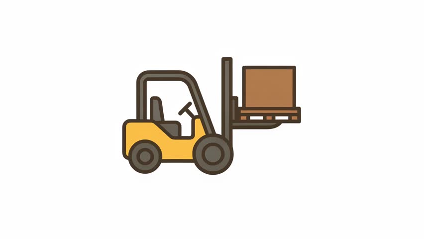 Yellow Forklift Truck Lifting A Brown Box in Minimalist Flat Vector Style Illustration on White Background