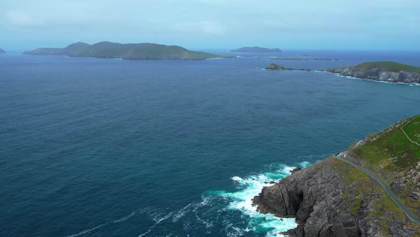 Drone flying over Slea Head with Blasket Islands on Kerrys Wild Atlantic Way Epic Ireland