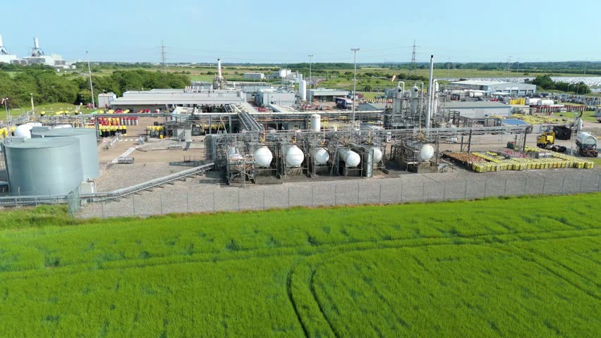 High-Altitude Shot of Industrial Gas Cylinder Facility and Processing Plant at Immingham England