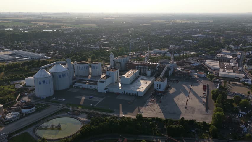 sugar processing, foods industry, sugar refinery. Julich, germany. Aerial video.