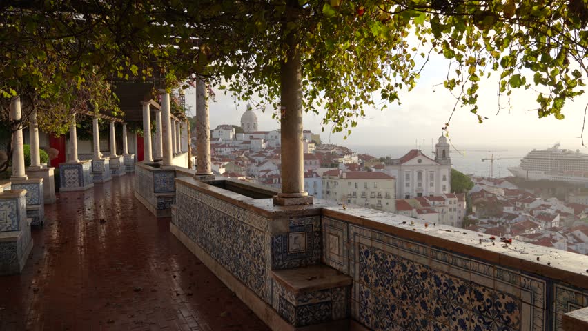Epic Viewpoint of Lisbon Portugal Sunrise City View Travel Viewpoint Covered Miradouro Vines