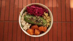 Colorful healthy brunch bowl with sweet potato, tofu, chickpeas, avocado, and tahini dressing. Served fresh in a modern London restaurant. - Powered by Shutterstock - Get 15% off with code: PIKWIZARD15