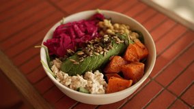 Colorful healthy brunch bowl with sweet potato, tofu, chickpeas, avocado, and tahini dressing. Served fresh in a modern London restaurant. - Powered by Shutterstock - Get 15% off with code: PIKWIZARD15