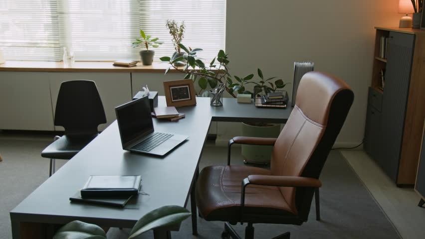 Background shot of psychotherapists workspace equipped with laptop and leather upholstery armchair at desk in modern counselling office with green plants, copy space