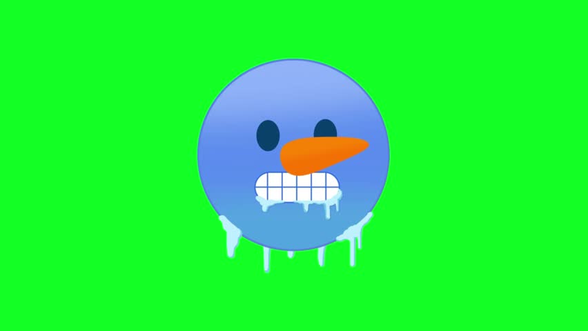 Frozen blue emoji penguin character dripping with icicles. Green screen animation for winter or Christmas themed content.