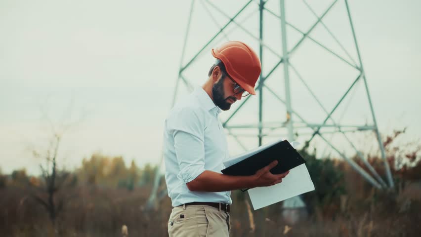 inspecting electricity object. Engineer in orange hard hat reviews documents outdoors, standing near large power pylon. energy infrastructure, professional inspection, construction engineering attire