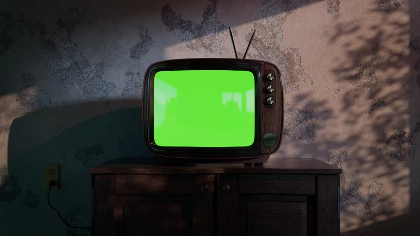 Retro TV in a dim room with chroma key screen. Thunderstorm lightning flashes cast spooky shadows on textured walls and trees. Halloween horror atmosphere. Clip seamless looped. CGI