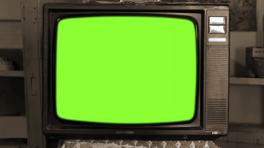 Old Television With Wooden Frame and Green Chroma Key Screen - Zoom In - Not AI-Generated - 4K	