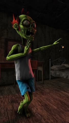 Seamless vertical video of a zombie dancing salsa in a party in a haunted house. Funny cartoon character for Halloween background.