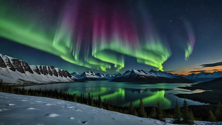 The Aurora Borealis lights up the night sky, casting green and purple hues over a tranquil lake, surrounded by pine forests and majestic mountains.