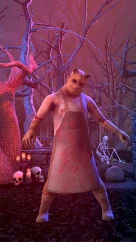 Seamless vertical video of butcher psycho killer dancing thriller in a cemetery. Funny party with disco light Halloween background.