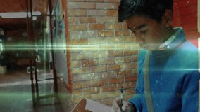 student taking notes in school corridor, view shifting revealing digital numbers swirling notebook. Learning, innovation, technology, education, focus, concentration, futuristic - Powered by Shutterstock - Get 15% off with code: PIKWIZARD15