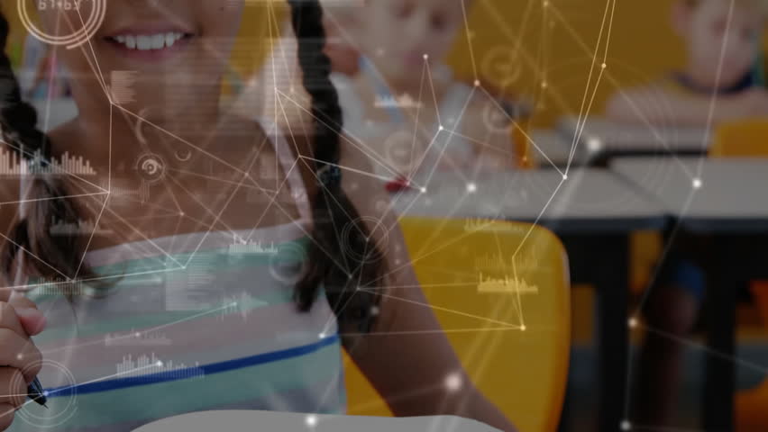 Student with braided hair spotting paper, starting note passing in classroom with digital overlays. Children, collaboration, education, playful, vibrant, technology, teamwork - Powered by Shutterstock - Get 15% off with code: PIKWIZARD15