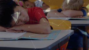 Education class opening showing students sleeping as wireframes flickering forming rotating globe. Children, classroom, digital, technology, interconnected, learning, academic - Powered by Shutterstock - Get 15% off with code: PIKWIZARD15