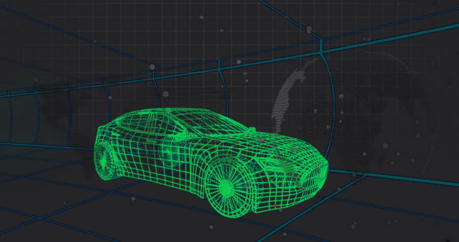 Simulation starting neon green wireframe car emerging globe rotating beams scanning grid for demo. Futuristic, technology, digital, automotive, cyberpunk, virtual, innovation
