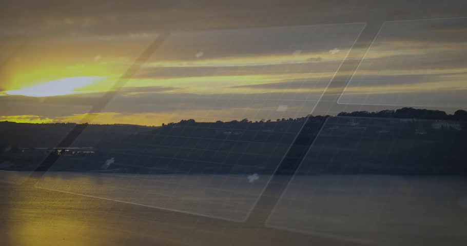 Sun sitting horizon initiating HUD overlay fading in over water with rings pulsing at center focus. Landscape, futurism, visualization, serenity, technology, dusk, reflection