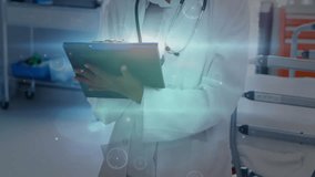 Female medical professional flipping clipboard as data overlays intensifying, smiling for diagnosis. Doctor, healthcare, diagnostics, analytics, clinical, professionalism, technology - Powered by Shutterstock - Get 15% off with code: PIKWIZARD15