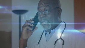 Senior doctor holding smartphone call initiating digital nodes spreading across coat in office. Medical, technology, digital, connectivity, innovation, healthcare, professional - Powered by Shutterstock - Get 15% off with code: PIKWIZARD15