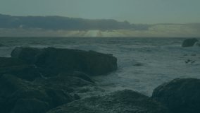 Audio equalizer bars emerging on sound input shifting and showing volume changes over coastal dusk. Waveform, abstract, digital, serenity, horizon, multimedia, calming - Powered by Shutterstock - Get 15% off with code: PIKWIZARD15