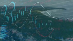 Initial aerial pan initiating data overlays streaming across coastline, visualizing market trends. Abstract, analytics, modern, digital, financial, futuristic, technology - Powered by Shutterstock - Get 15% off with code: PIKWIZARD15