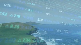 On start financial overlay animating over coast scrolling numbers shifting graphs with live feed. Surveillance, analysis, data visualization, digital, technology, landscape, nature - Powered by Shutterstock - Get 15% off with code: PIKWIZARD15