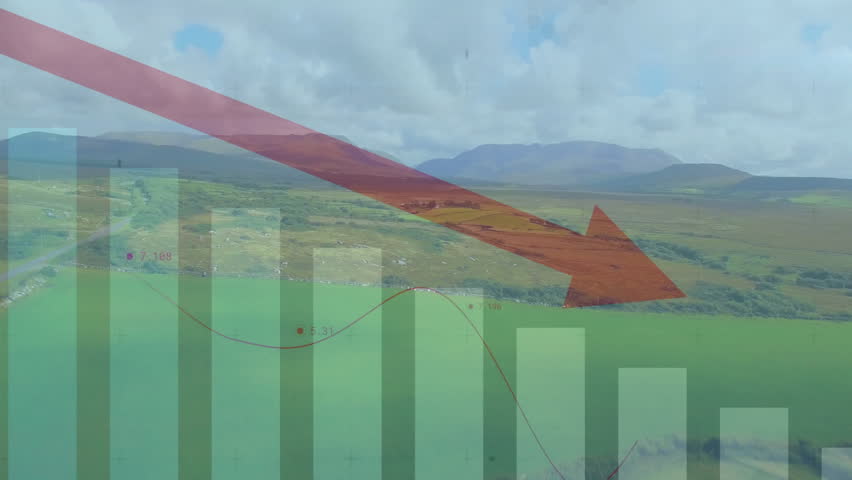 Transparent bar chart emerging over farmland with red arrow sweeping bars dipping marking decline. Agriculture, data, analytics, landscape, monitoring, visualization, environmental - Powered by Shutterstock - Get 15% off with code: PIKWIZARD15