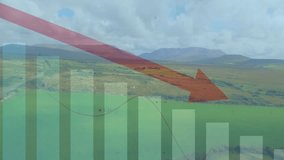 Transparent bar chart emerging over farmland with red arrow sweeping bars dipping marking decline. Agriculture, data, analytics, landscape, monitoring, visualization, environmental - Powered by Shutterstock - Get 15% off with code: PIKWIZARD15