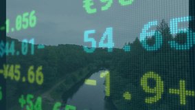 On start stock ticker updating and scrolling currency values over river showing market trends. Data visualization, financial analytics, digital display, investment, modern technology, nature backdrop, - Powered by Shutterstock - Get 15% off with code: PIKWIZARD15