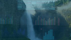 Upon camera holding waterfall data overlays animating with pulses, fades while visualizing metrics. Nature, landscape, data visualization, dynamic, scenic, technology, natural beauty - Powered by Shutterstock - Get 15% off with code: PIKWIZARD15