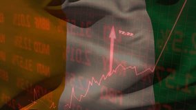 Irish tricolor flag waving triggers red data scrolling while chart climbing showing market gains. Patriotism, finance, analytics, investment, growth, digital, commerce - Powered by Shutterstock - Get 15% off with code: PIKWIZARD15