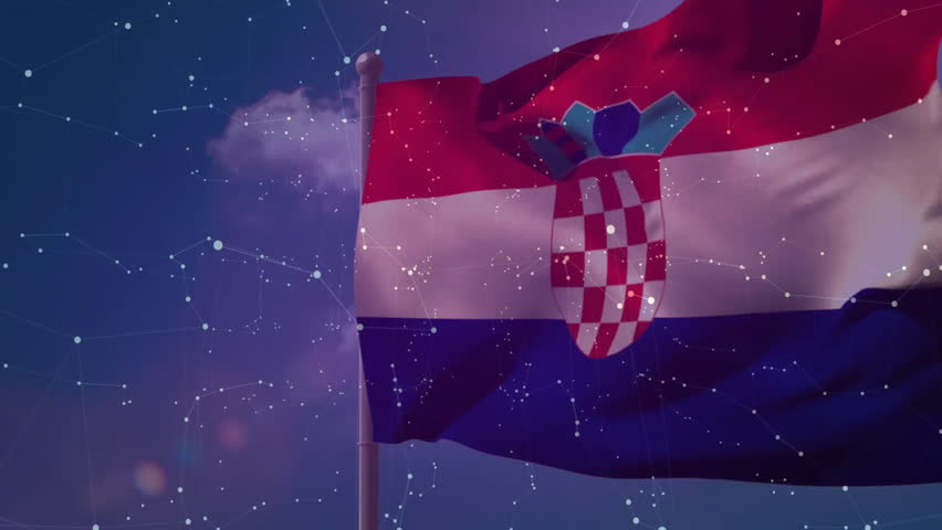Croatian flag fluttering in wind causing network forming and panels animating to show statistics. Digital, patriotic, patriotic display, technological, futuristic, data visualization, outdoor - Powered by Shutterstock - Get 15% off with code: PIKWIZARD15